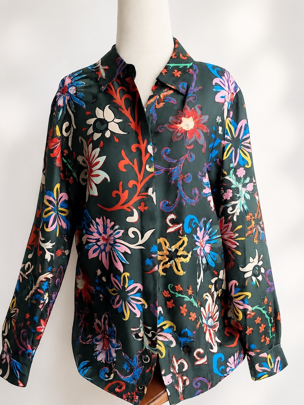 Dark Green Floral Button-Up Blouse - Multicolor Print Silk blouse by Tory Burch